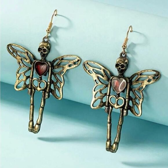 Gothic Vintage Inspired Antique Gold Tone Fairy Skeleton Earrings, Red S… - Picture 1 of 4